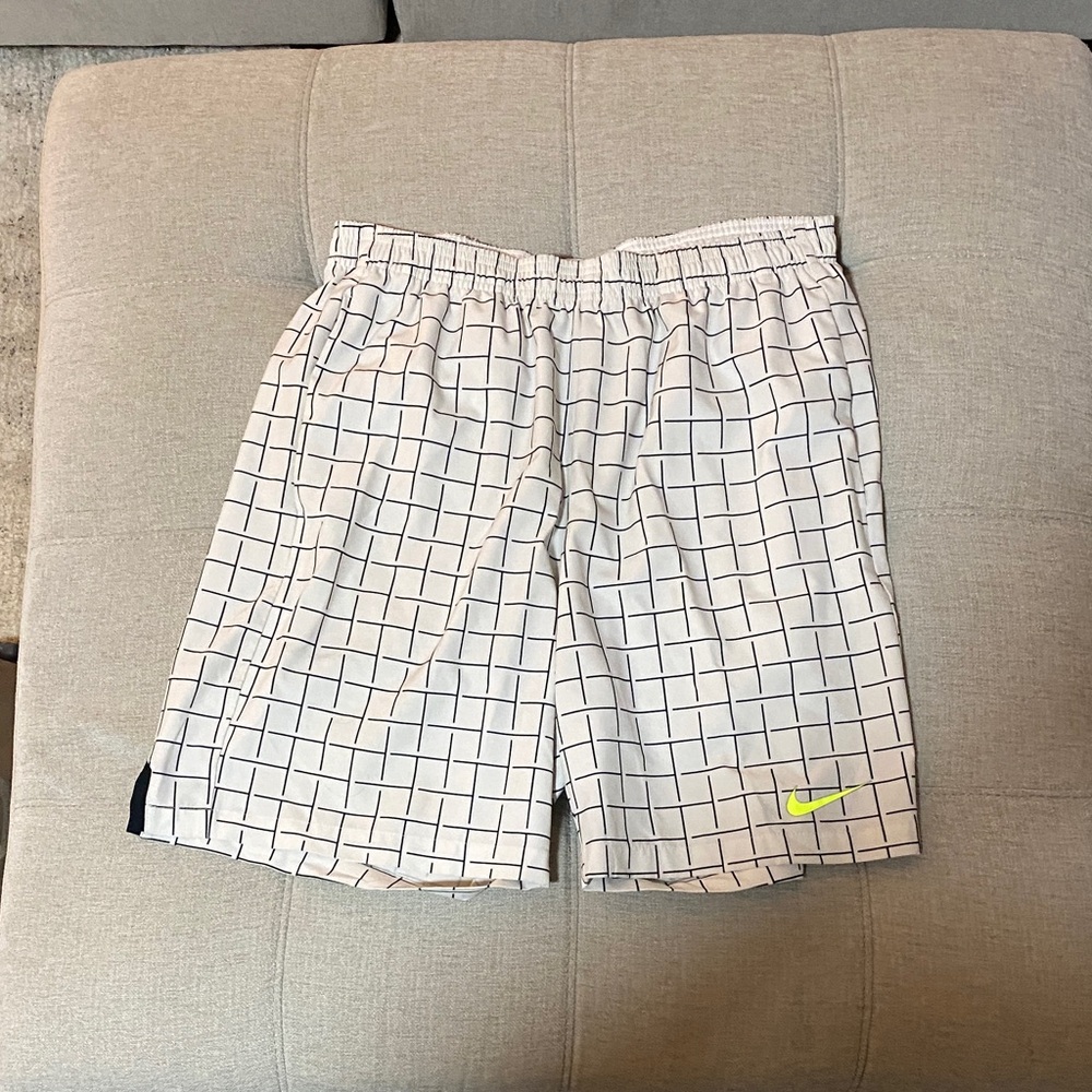 Nike White Shorts with Black Grid and Neon Logo